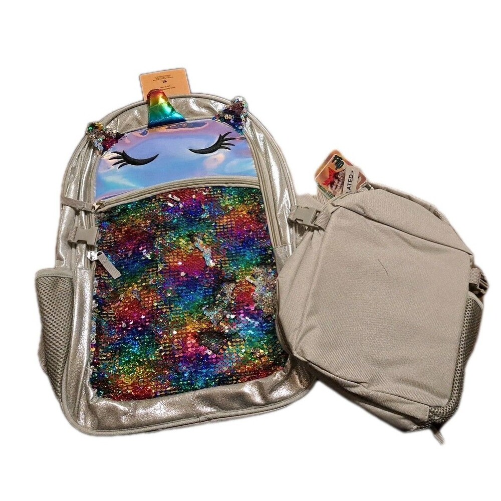 Gray Silver Sparkle Unicorn School 16" Backpack & Lunch Bag Set Sequins New - Picture 5 of 5